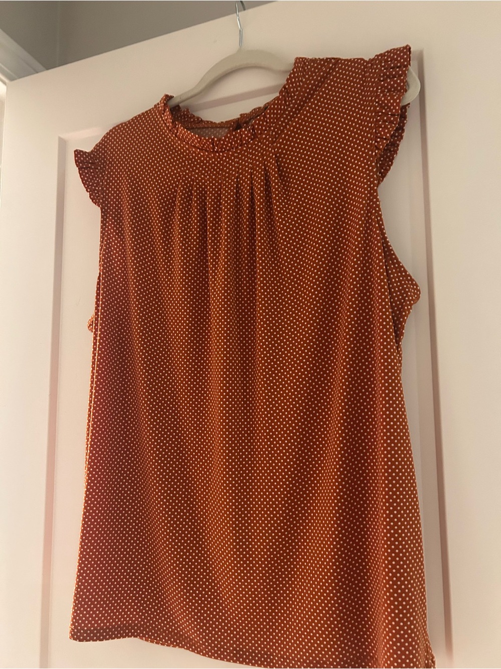 Adrianna Papell Rust Polka Dot Ruffle Sleeve Top